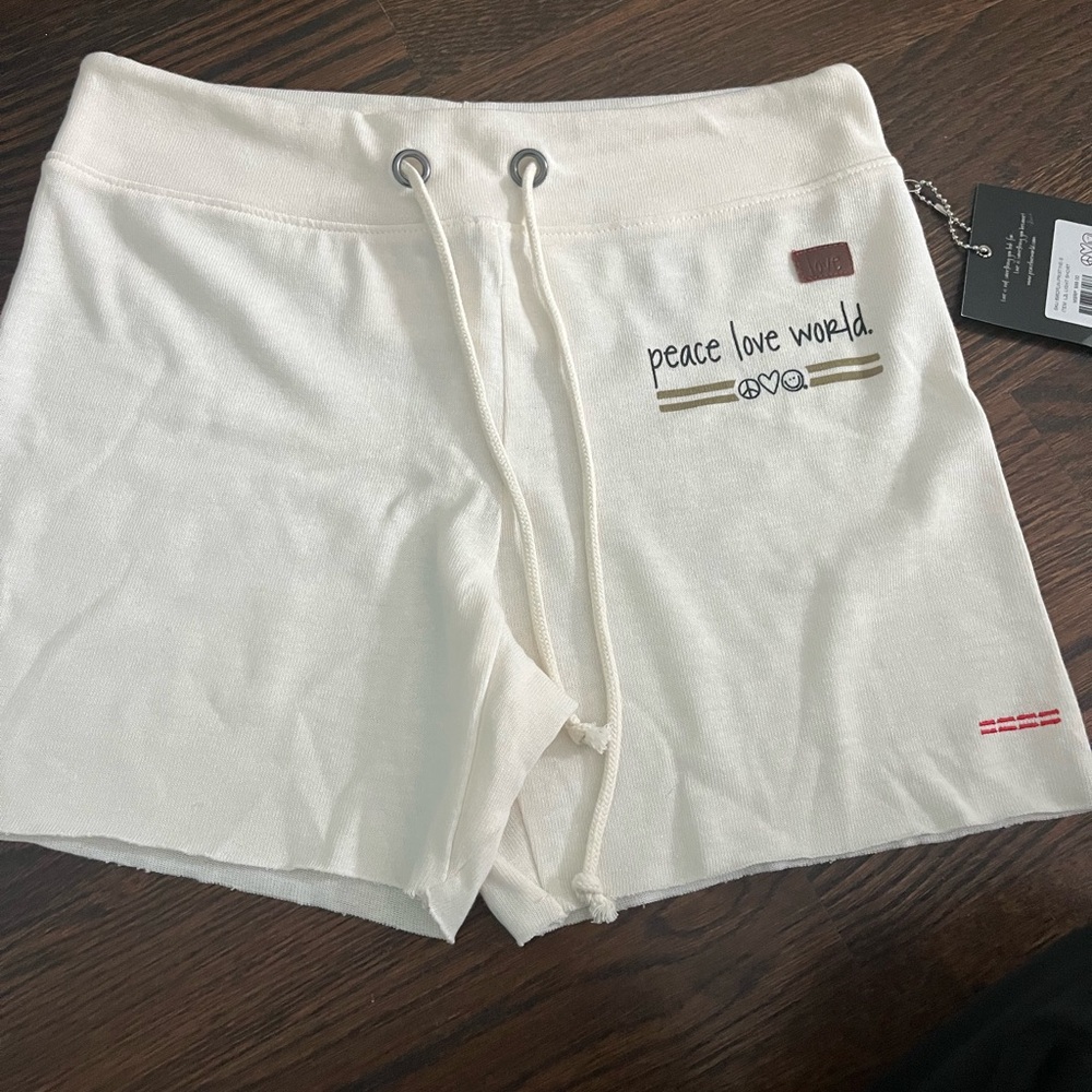 Peace Love World Cream Athletic Shorts with Drawstring Waist